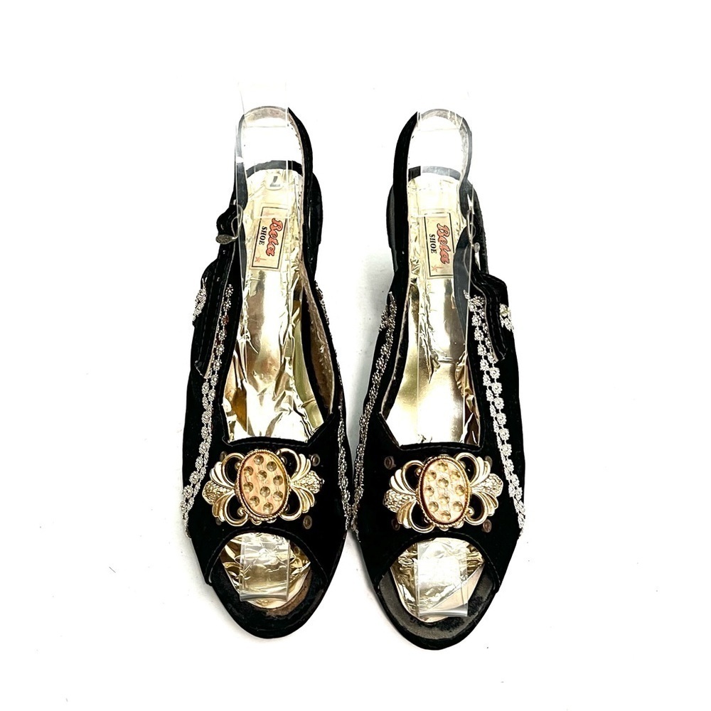 Vintage 1950s black velvet gold maximalist embellished open toe slingback heels - Picture 4 of 8